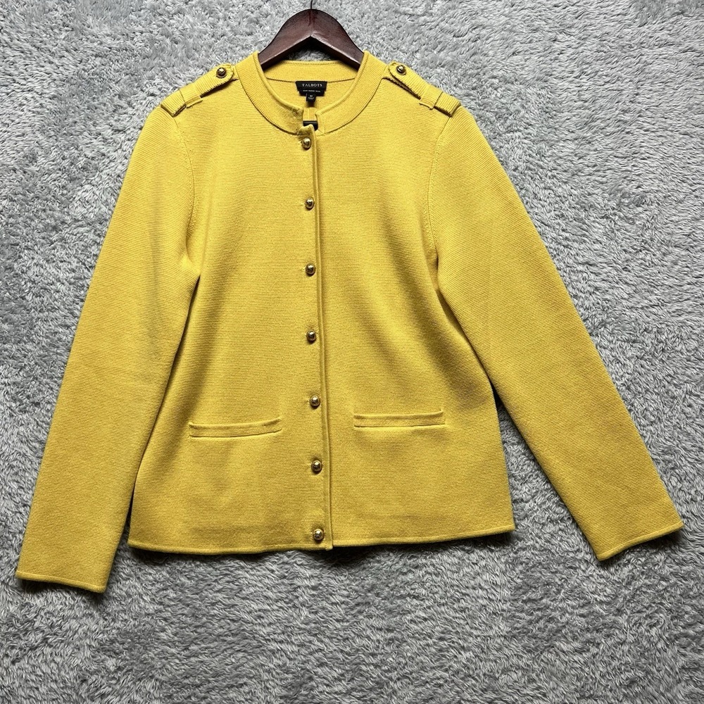 Talbots Cardigan Sweater Womens Medium Yellow Gold‎ Button Up Merino Wool